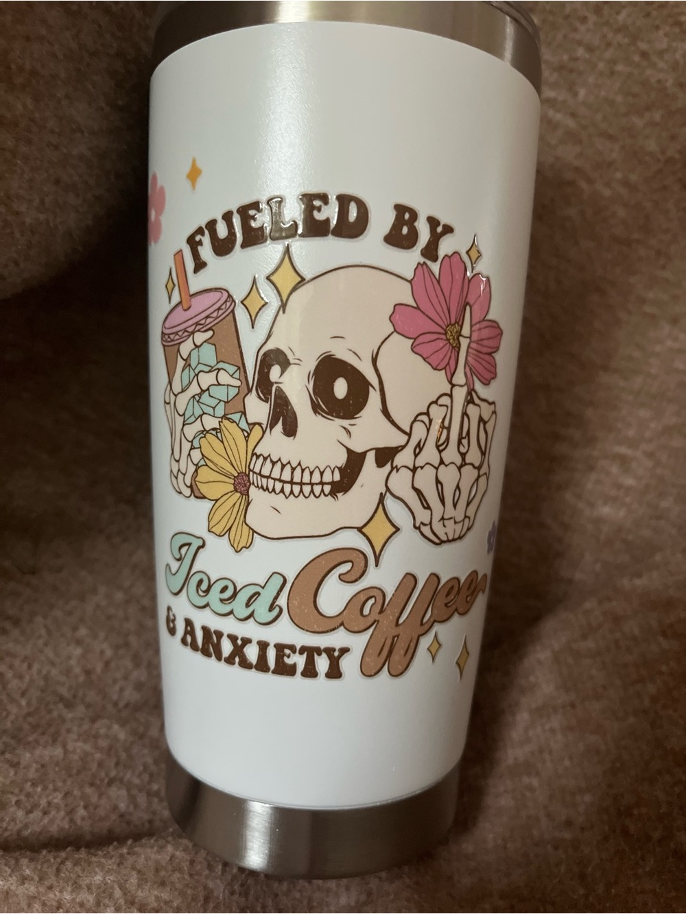 White Floral Skull Iced Coffee 20oz insulated stainless steel Tumbler